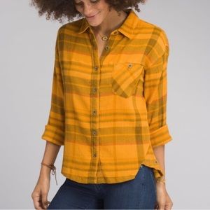 Prana sunray plaid fillary organic cotton button up shirt yellow